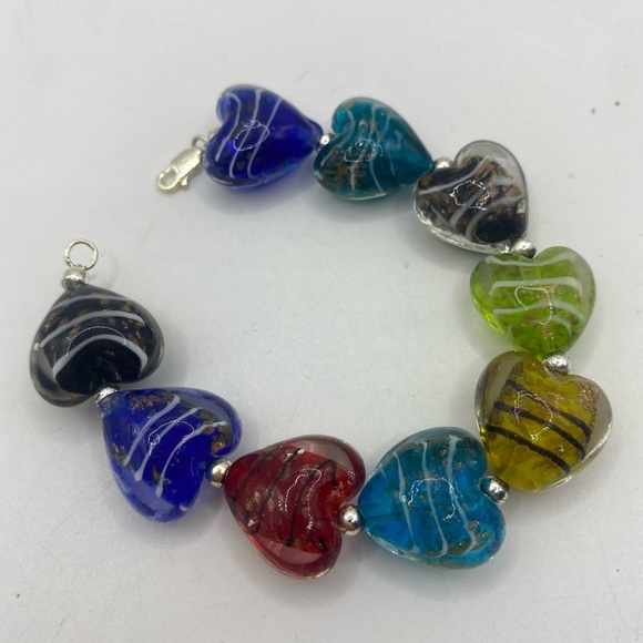 Murano Glass Heart Fass Bracelet 925 Sterling Silver 6.5” inch - Picture 6 of 6